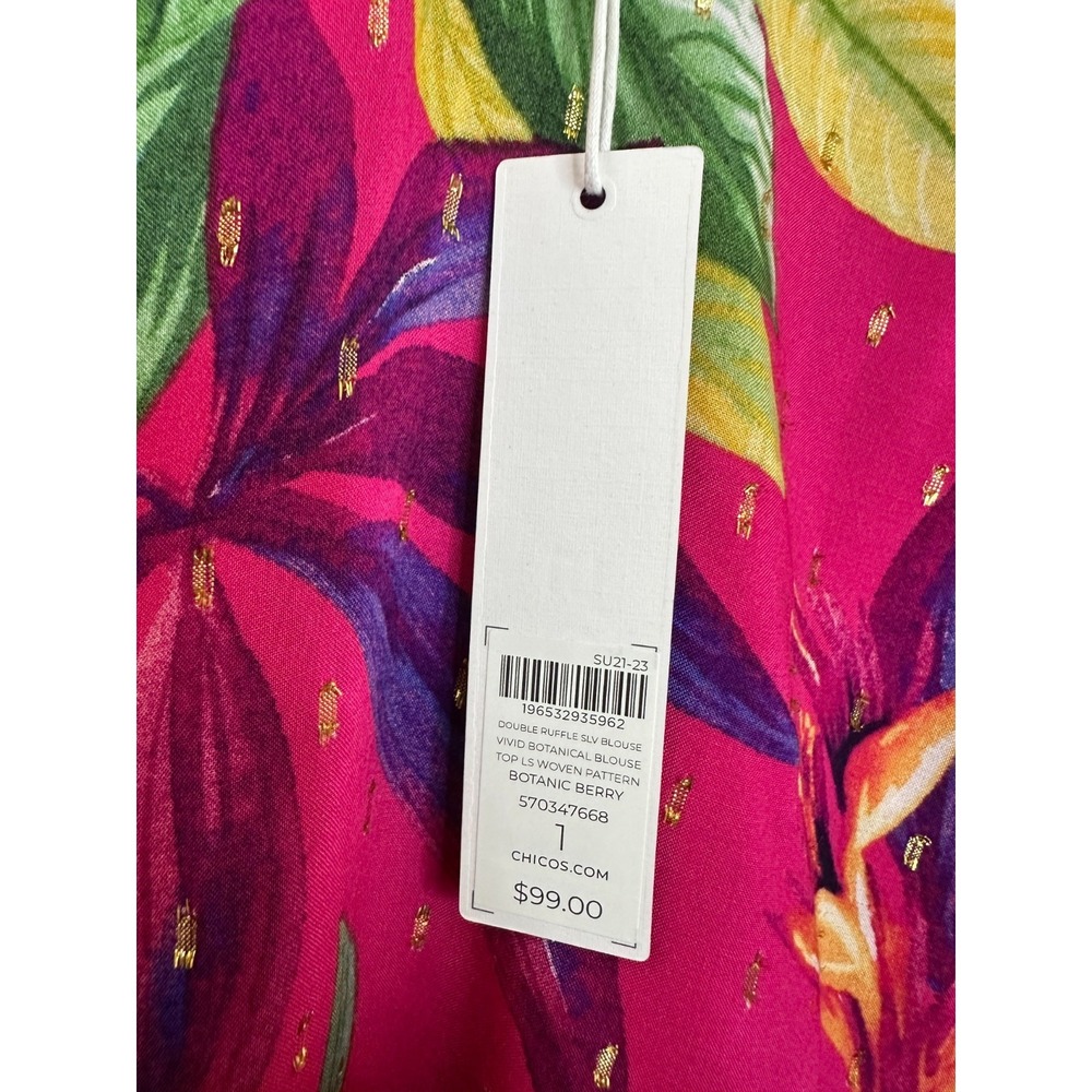 NEW Chico's Double Ruffle Sleeve Vivid Botanical Blouse Tasseled Top Size 1 US 8 - Picture 7 of 11